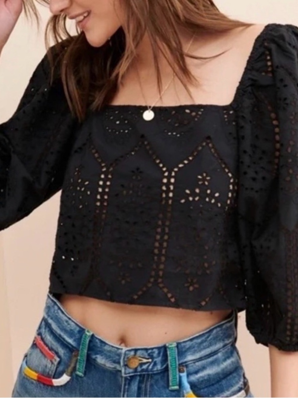 Urban Outfitters Black Eyelet Square-Neck Crop Top with Puff Sleeves
